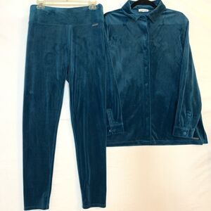 Calvin Klein Velour Pants Set Womens Medium Teal Blue Stretch Comfort Lounge